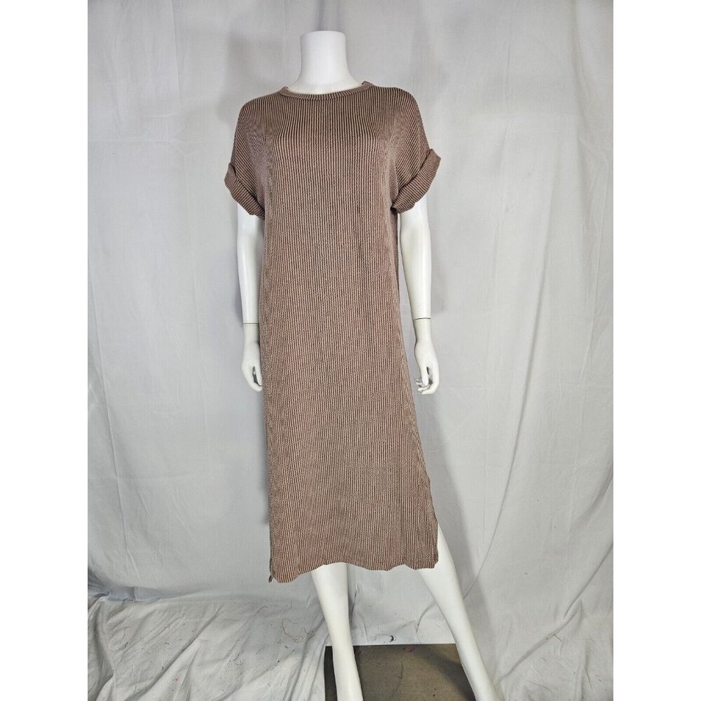 Entro Acorn Ribbed Short Sleeve Round Neck Side Slit Maxi Dress